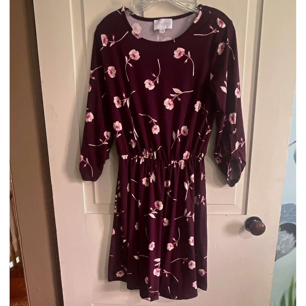 French Grey Burgundy Pink Floral Knit Fit & Flare Dress Sz S Long Sleeve